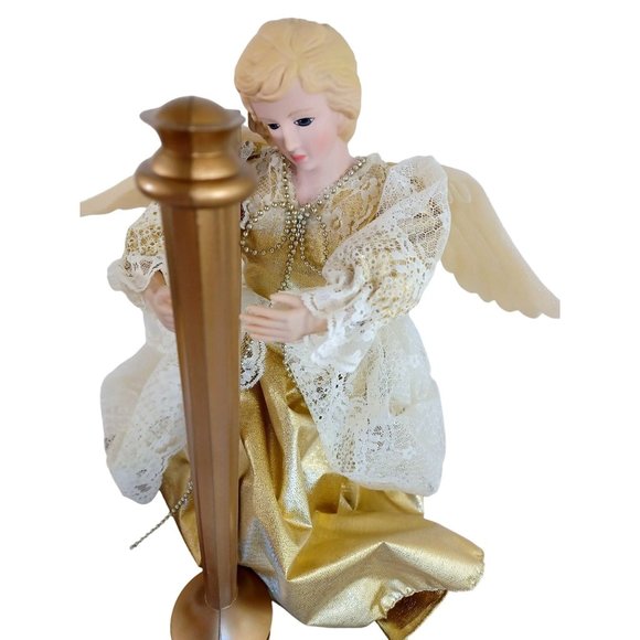 1990's Animated Musical Harp Playing Porcelain Face Hands Angel Battery Op Works - Picture 3 of 7